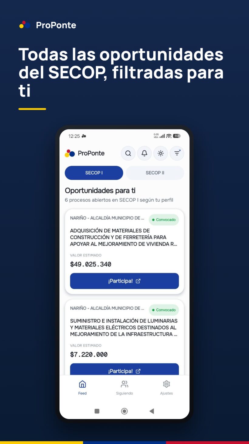 ProPonte app showing a feed of public-procurement opportunities from SECOP