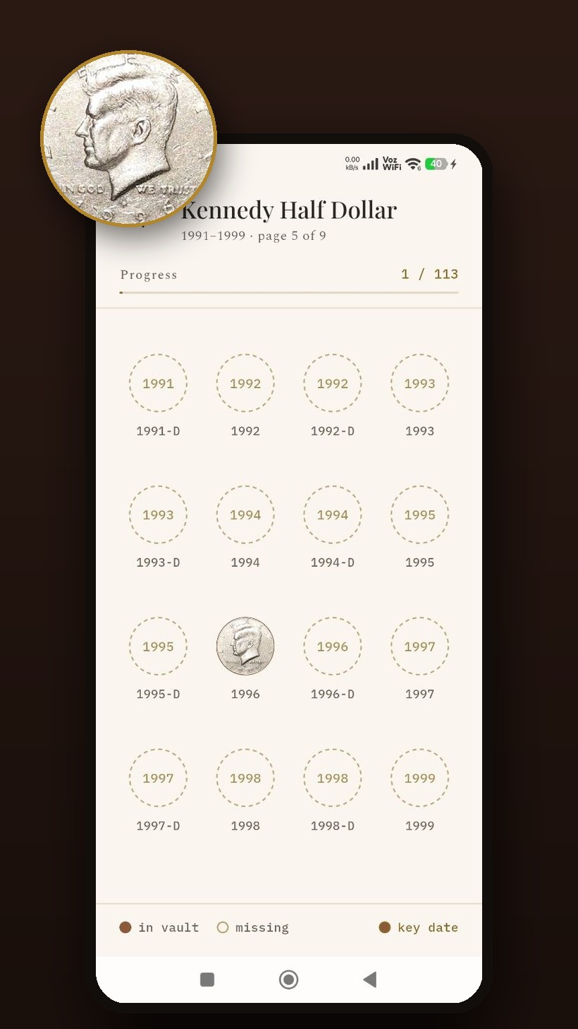 La app Setvault mostrando una página de álbum del Kennedy Half Dollar con monedas coleccionadas y faltantes