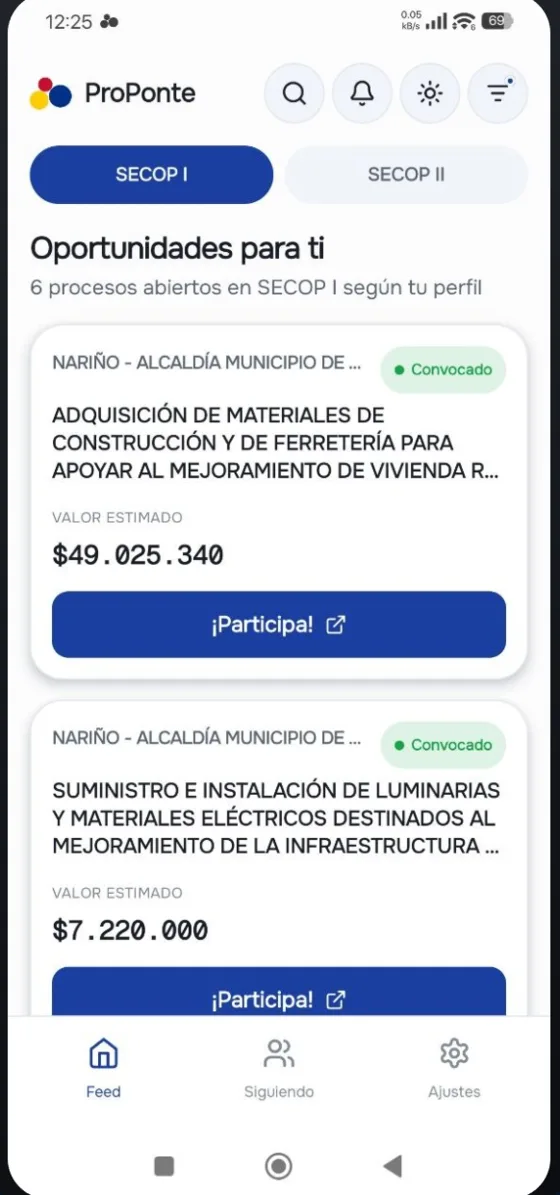 Feed de ProPonte con oportunidades del SECOP filtradas a tu empresa