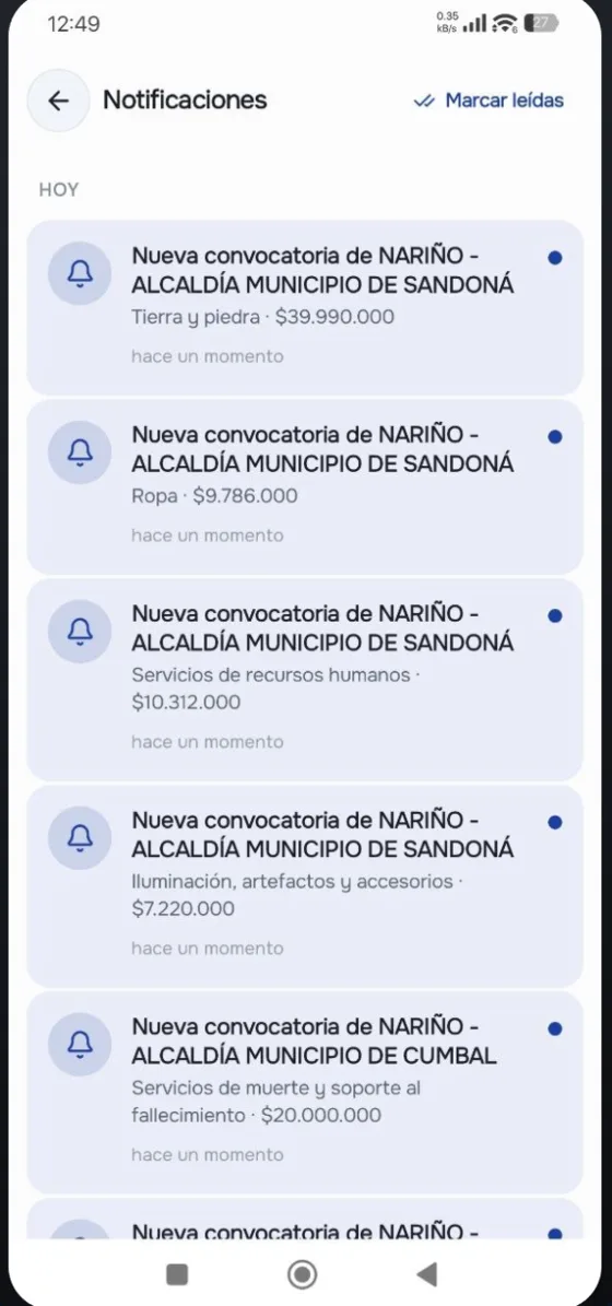 Alertas de nuevas convocatorias del SECOP