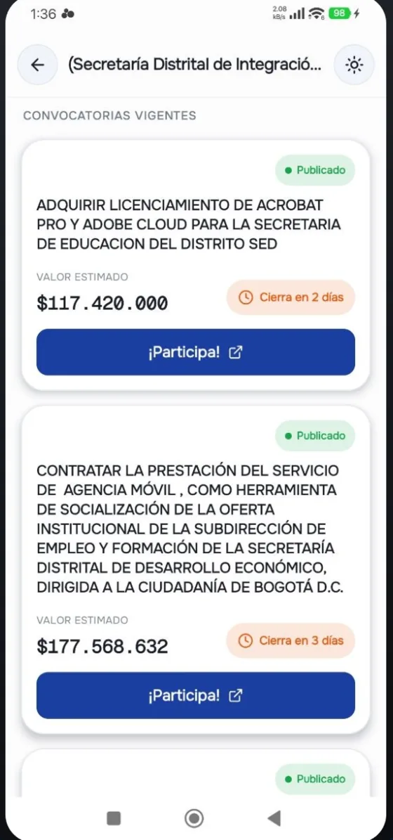 Detalle de una convocatoria con valor y fecha de cierre