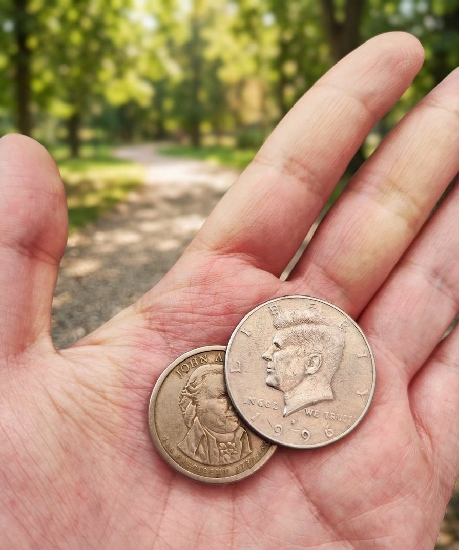 A hand holding a Kennedy half dollar and a presidential dollar outdoors in a sunlit park