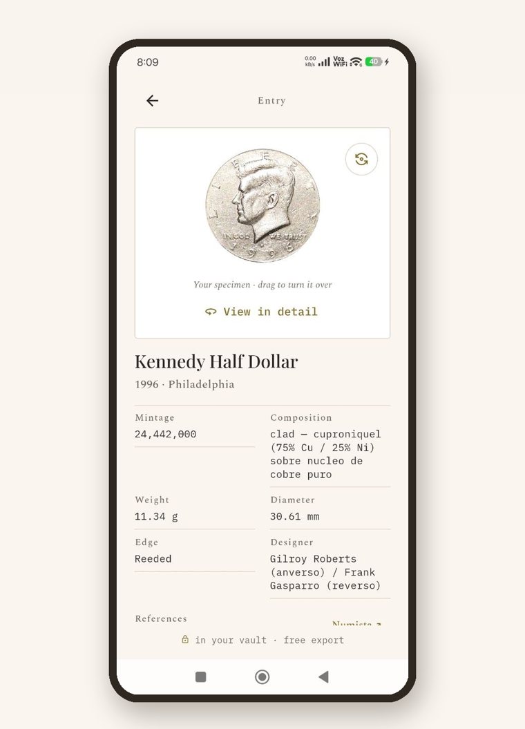 Setvault coin detail with mintage, composition, weight and designer