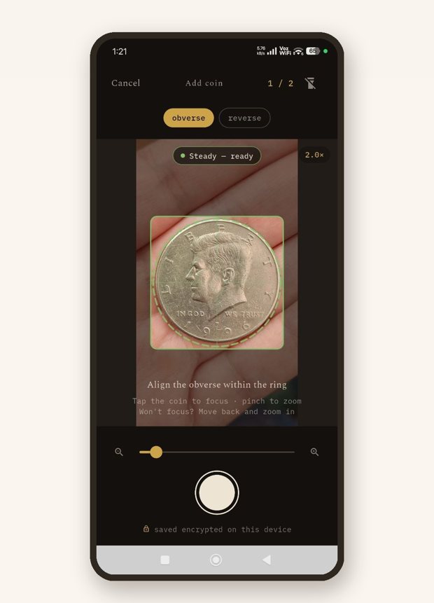 Capture with guided focus, saved encrypted on your device